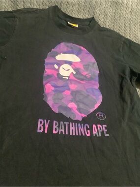 Bape Black Tee with Purple & Pink Camo Ape Head